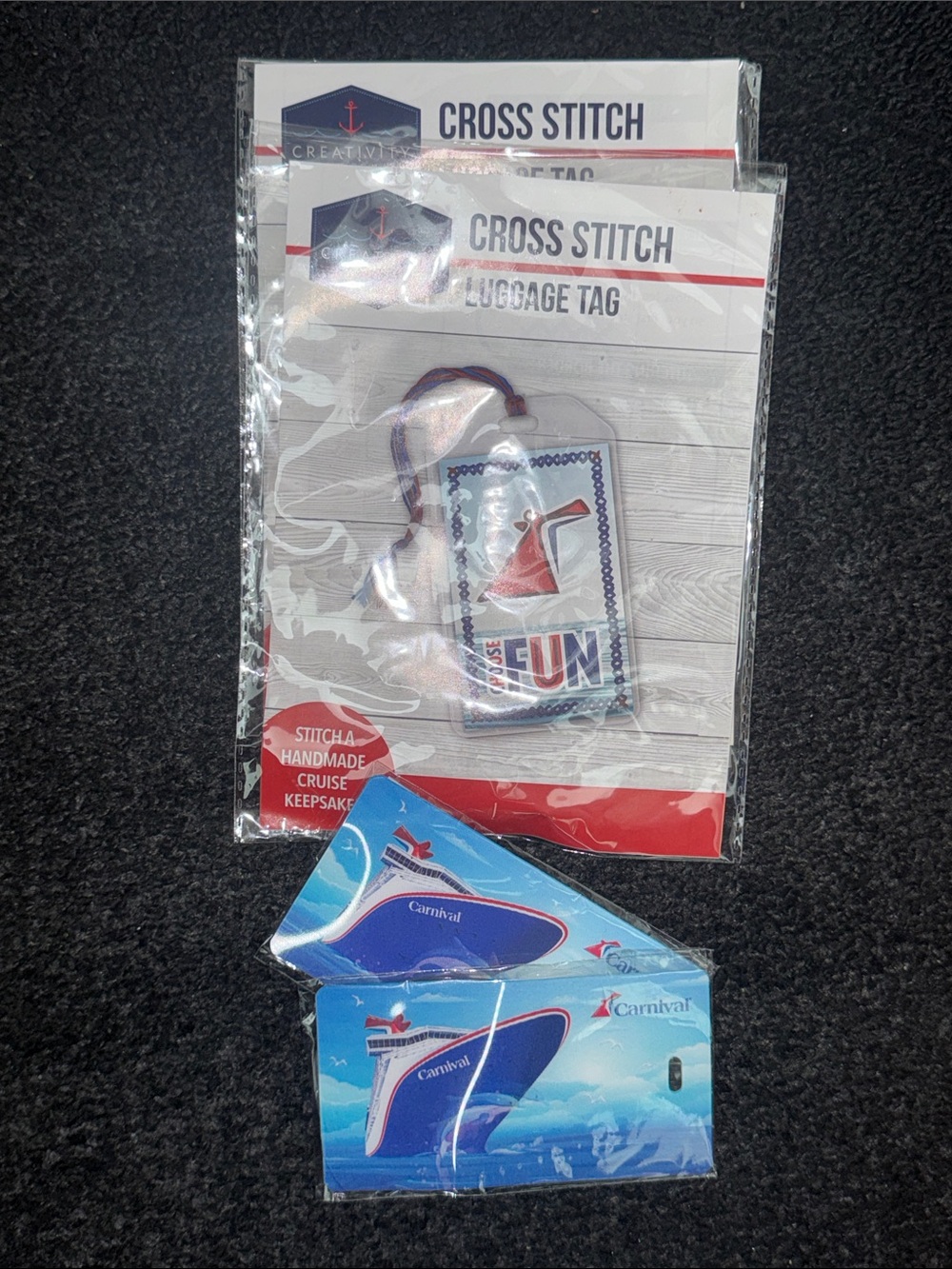 Cross Stitch Luggage Tag - Blue and Red Fun Design